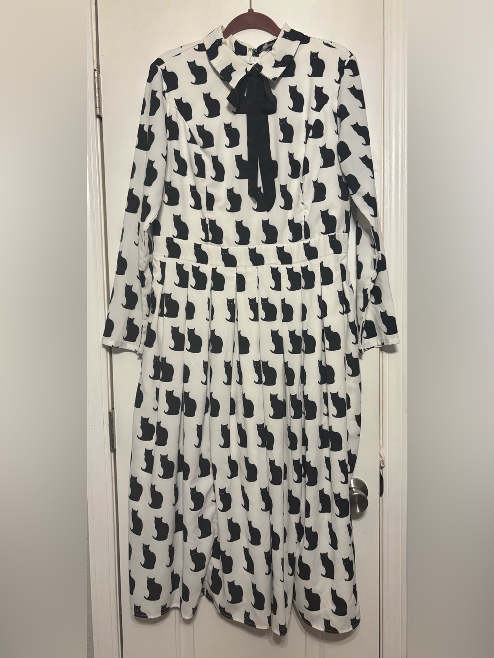 eshakti White Dress with Black Cat Print